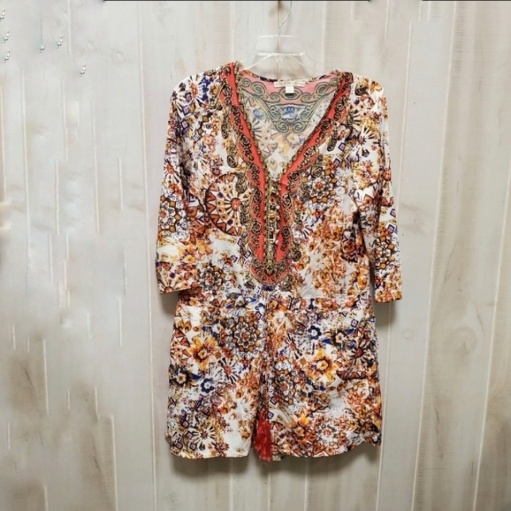 Boston Proper Romper w/ Pockets & Drawstring waist Boho Tribal Print Size 14